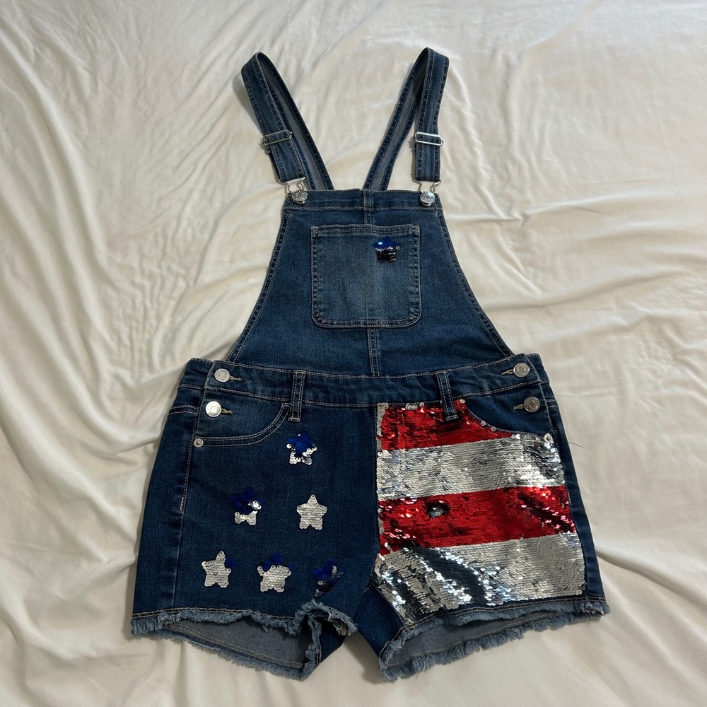 Justice Girls Denim Shortalls American Flag Sequin Stars Patriotic Blue SZ 16